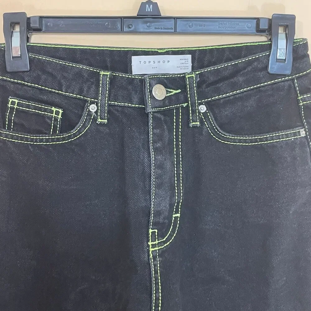 Black Topshop Mom Jeans with Neon Green Stitching size 26x30